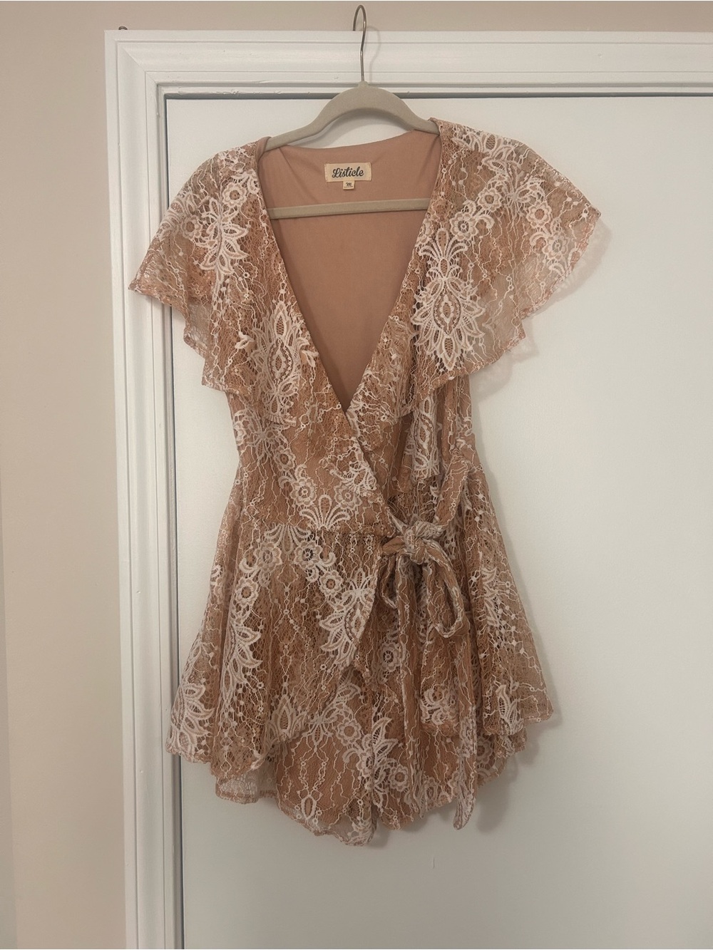 Listicle Lace Wrap Mini Romper in Blush Tan and Ivory